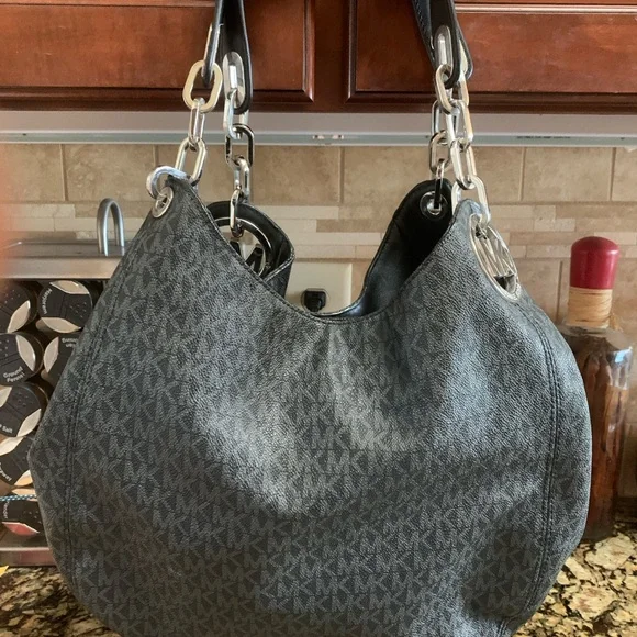 Michael Kors Gray & Black Logo Fulton Handbag - Picture 1 of 11